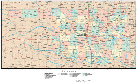 Oklahoma Map with Counties, Cities, County Seats, Major Roads, Rivers and Lakes