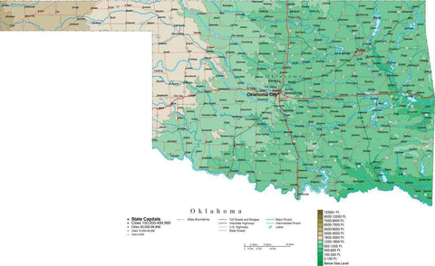 Oklahoma Map  with Contour Background - Cut Out Style