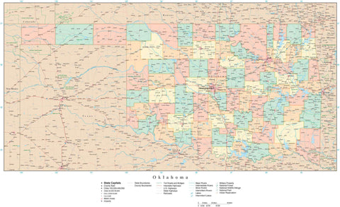 Detailed Oklahoma Digital Map with Counties, Cities, Highways, Railroads, Airports, and more