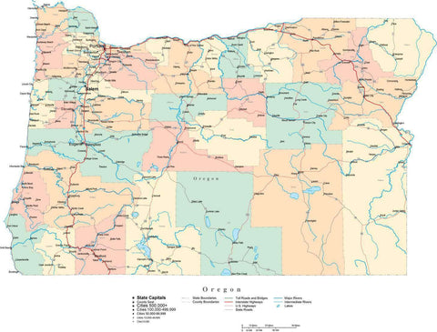 Oregon State Map - Multi-Color Cut-Out Style - with Counties, Cities, County Seats, Major Roads, Rivers and Lakes