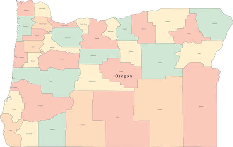 Multi Color Oregon Map with Counties and County Names
