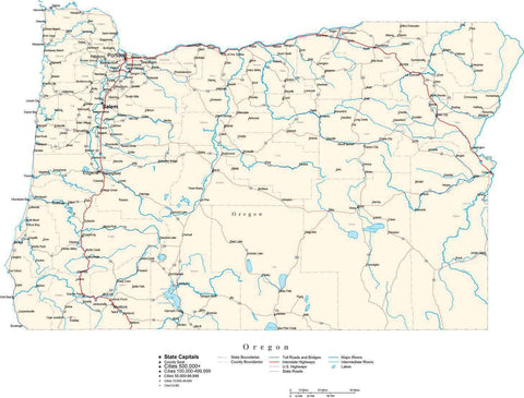 Oregon Map - Cut Out Style - with Capital, County Boundaries, Cities, Roads, and Water Features
