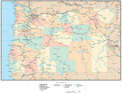 Oregon Map with Counties, Cities, County Seats, Major Roads, Rivers and Lakes
