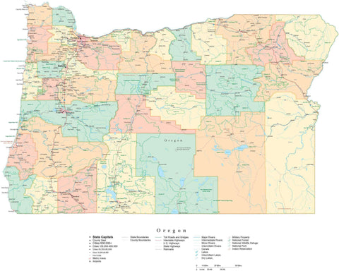 Detailed Oregon Cut-Out Style Digital Map with Counties, Cities, Highways, and more