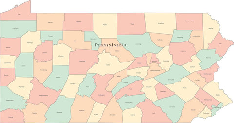 Multi Color Pennsylvania Map with Counties and County Names