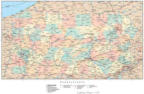Pennsylvania Map with Counties, Cities, County Seats, Major Roads, Rivers and Lakes