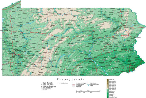 Pennsylvania Map  with Contour Background - Cut Out Style