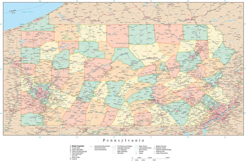Detailed Pennsylvania Digital Map with Counties, Cities, Highways, Railroads, Airports, and more