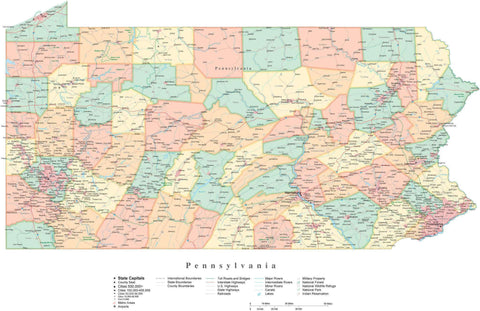 Detailed Pennsylvania Cut-Out Style Digital Map with Counties, Cities, Highways, and more