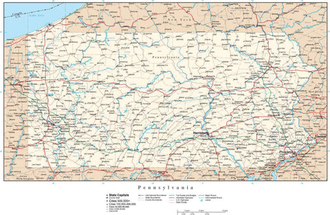 Pennsylvania Map with Capital, County Boundaries, Cities, Roads, and Water Features