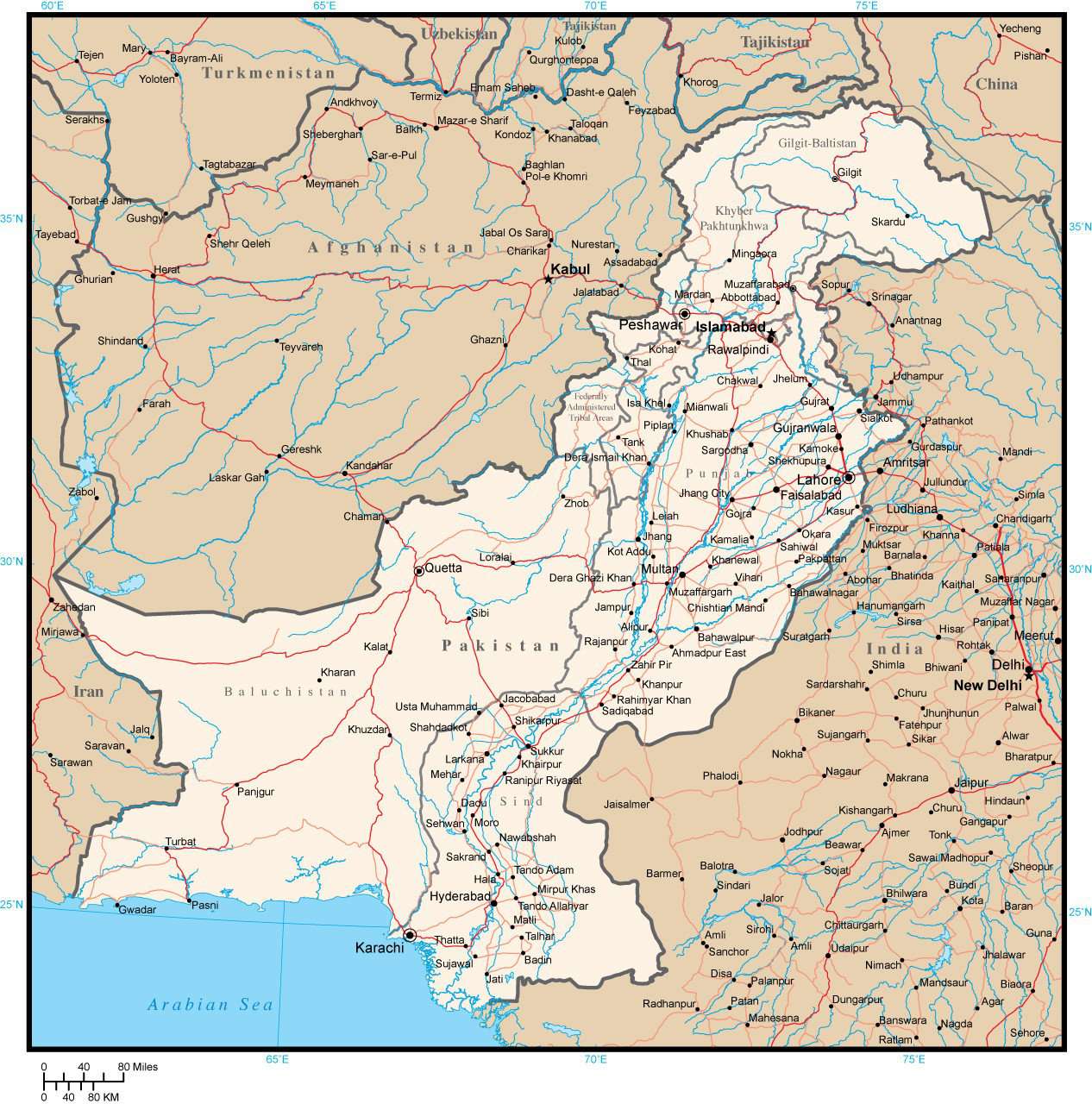 Pakistan All Rivers Pakistan with Provinces, Cities, Rivers and Roads in Adobe Illustrator ...