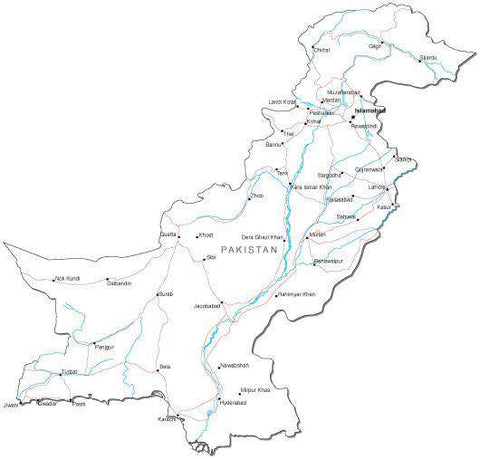 Pakistan Black & White Map with Capital, Major Cities, Roads, and Water Features