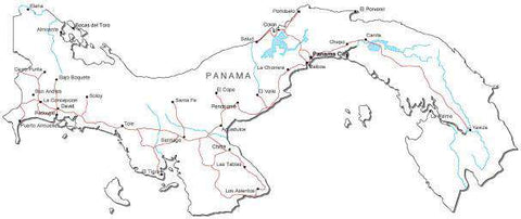 Panama Black & White Map with Capital, Major Cities, Roads, and Water Features