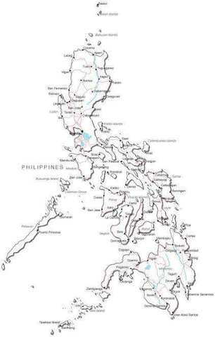 Philippines Black & White Map with Capital, Major Cities, Roads, and Water Features