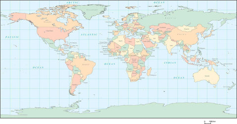 Digital World Map Geographic Projection, with Countries - Multi-Color