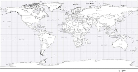 Digital World Blank Platte Carre Projection Outline Map - Black & White
