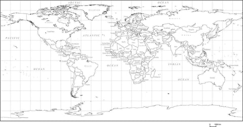 Digital World Map with Countries - Black & White, Rectangular Map Projection