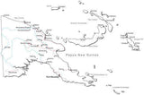 Papua New Guinea Black & White Map with Capital, Major Cities, Roads, and Water Features