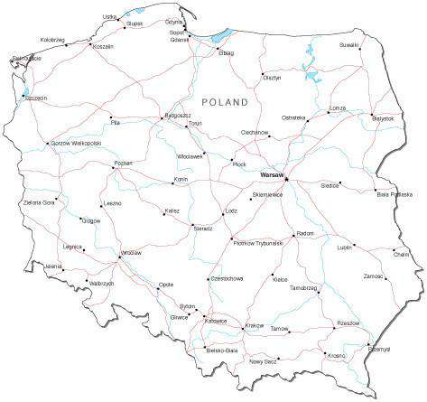 Poland Black & White Map with Capital, Major Cities, Roads, and Water Features
