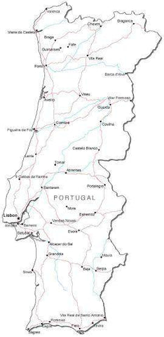 Portugal Black & White Map with Capital, Major Cities, Roads, and Water Features