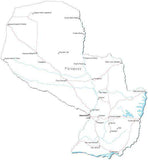 Paraguay Black & White Map with Capital, Major Cities, Roads, and Water Features