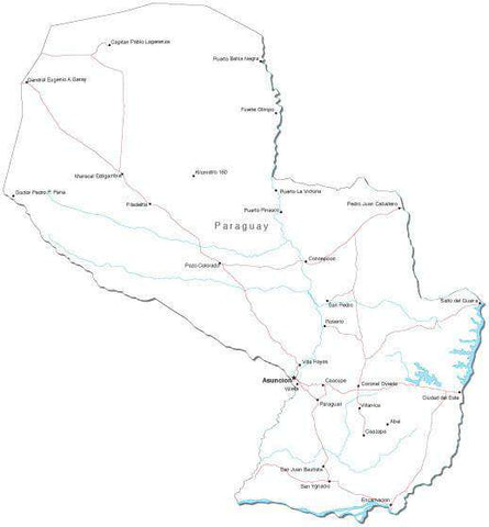 Paraguay Black & White Map with Capital, Major Cities, Roads, and Water Features