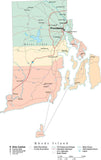 Rhode Island State Map - Multi-Color Cut-Out Style - with Counties, Cities, County Seats, Major Roads, Rivers and Lakes