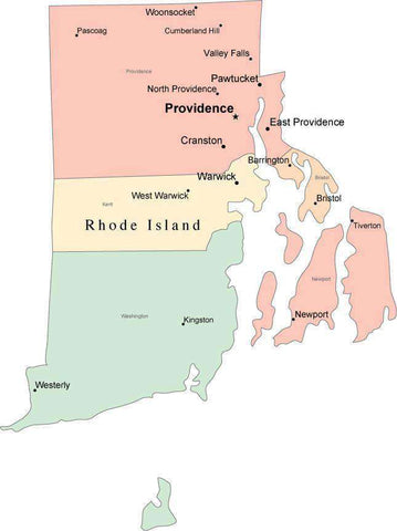 Multi Color Rhode Island Map with Counties, Capitals, and Major Cities