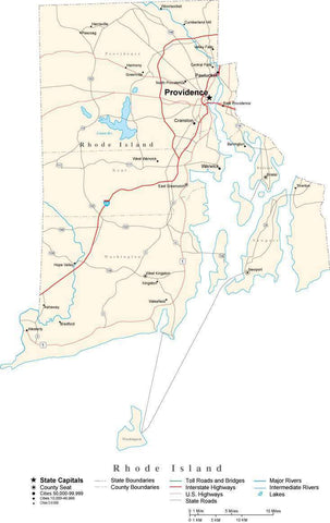 Rhode Island Map - Cut Out Style - with Capital, County Boundaries, Cities, Roads, and Water Features