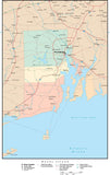 Rhode Island Map with Counties, Cities, County Seats, Major Roads, Rivers and Lakes