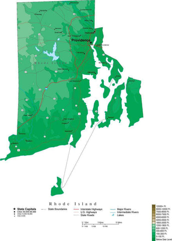 Rhode Island Map  with Contour Background - Cut Out Style