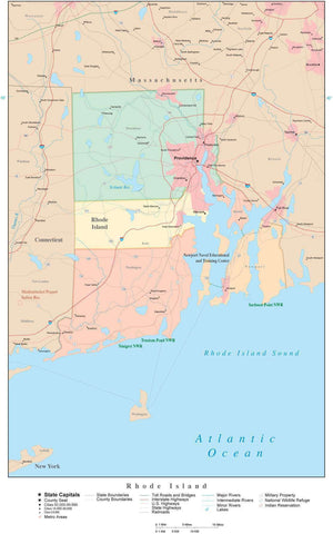 Detailed Rhode Island Digital Map with Counties, Cities, Highways, Railroads, Airports, and more