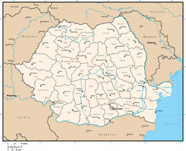 Romania Map with Admin Areas and Capitals in Adobe Illustrator Format