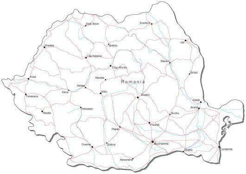 Romania Black & White Map with Capital, Major Cities, Roads, and Water Features
