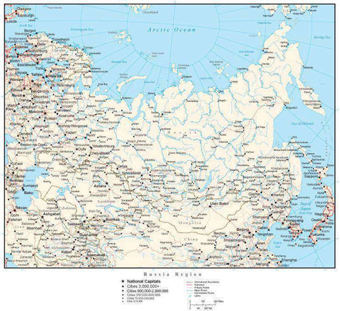 Russia Map with Country Boundaries, Capitals, Cities, Roads and Water Features