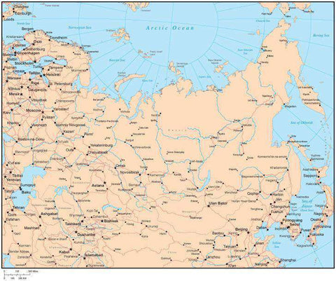 Single Color Russia Map with Countries, Capitals, Major Cities and Water Features