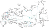 Russia Black & White Map with Capital, Major Cities, Roads, and Water Features