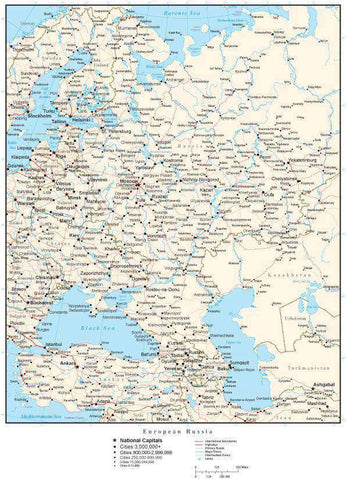 European Russia Map with Country Boundaries, Capitals, Cities, Roads and Water Features