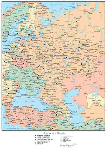 European Russia Map with Countries, Capitals, Cities, Roads and Water Features