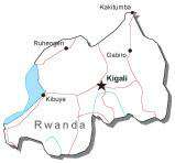 Rwanda Black & White Map with Capital, Major Cities, Roads, and Water Features