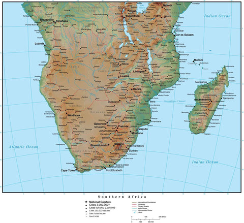 Southern Africa Terrain map in Adobe Illustrator vector format with Photoshop terrain image S-AFRI-952856