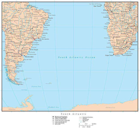 South Atlantic Map with Countries  Capitals  Cities  Roads and Water Features