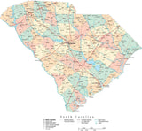 South Carolina State Map - Multi-Color Cut-Out Style - with Counties, Cities, County Seats, Major Roads, Rivers and Lakes