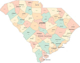 Multi Color South Carolina Map with Counties, Capitals, and Major Cities