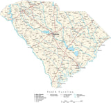 South Carolina Map - Cut Out Style - with Capital, County Boundaries, Cities, Roads, and Water Features