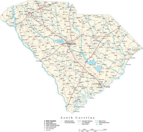South Carolina Map - Cut Out Style - with Capital, County Boundaries, Cities, Roads, and Water Features
