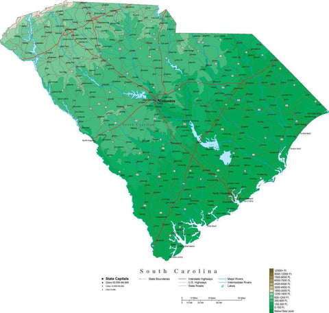 South Carolina Map  with Contour Background - Cut Out Style