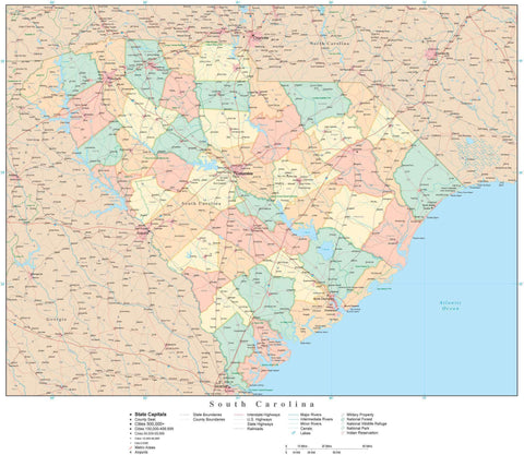 Detailed South Carolina Digital Map with Counties, Cities, Highways, Railroads, Airports, and more