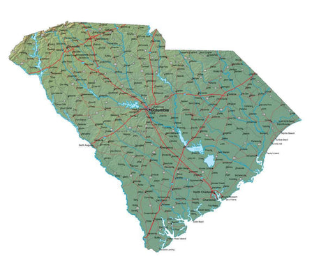 Digital South Carolina map in Fit Together style with Terrain SC-USA-852132