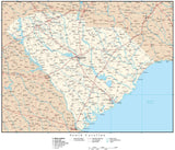South Carolina Map with Capital, County Boundaries, Cities, Roads, and Water Features